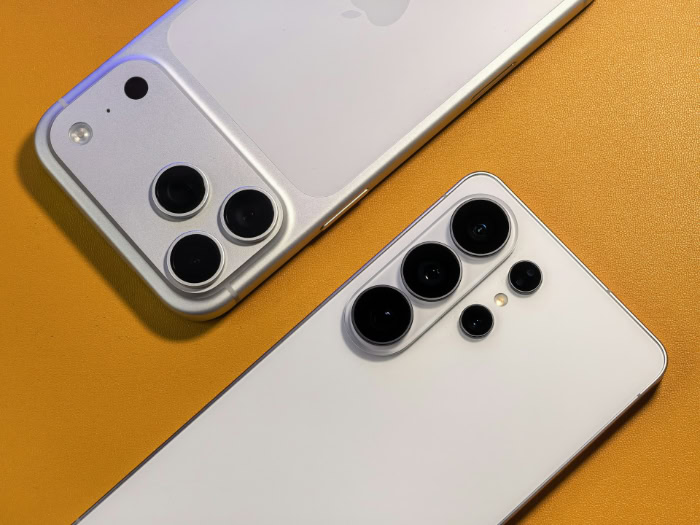 Rear view of iPhone and Samsung phone