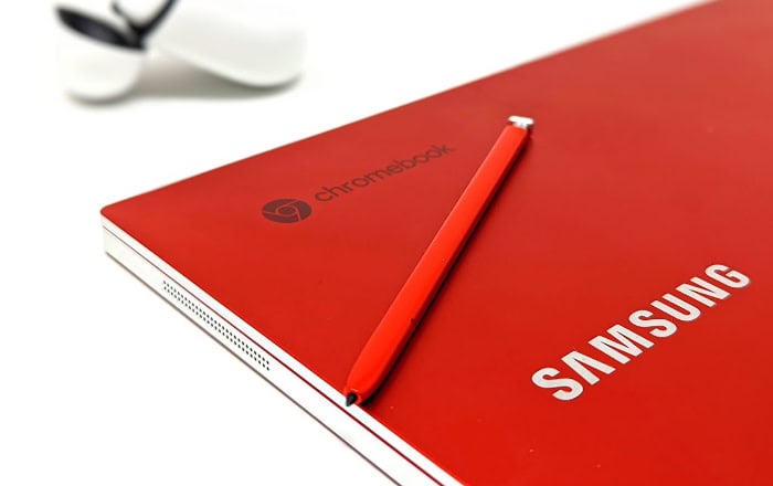 Red Samsung Chromebook with stylus pen