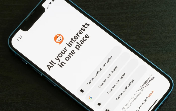 Reddit mobile app login screen with multiple sign in options