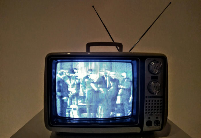 Retro Toshiba television with static and antennas