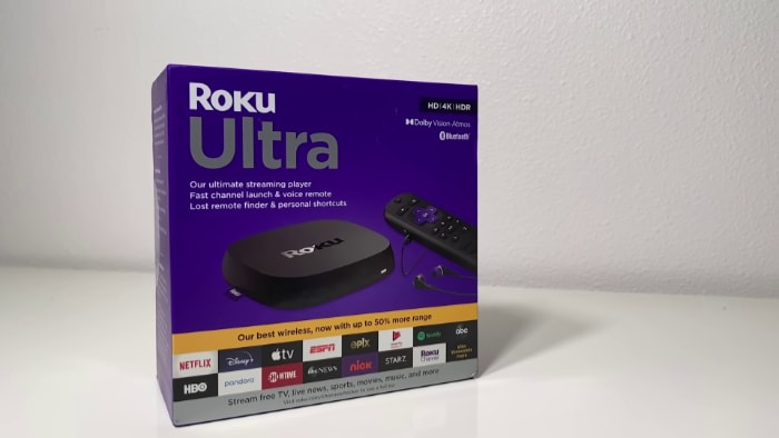 Box of Roku Ultra 2020 on white table