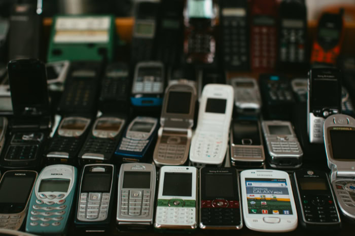 Rows of vintage and classic mobile phone models