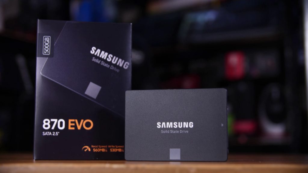 Black Samsung 870 EVO SSD on wooden table