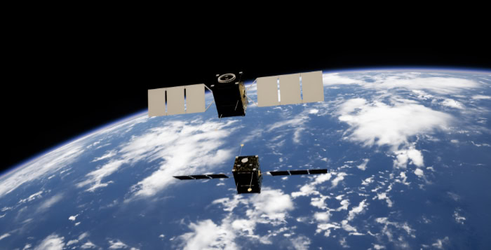 Satellites with solar panels orbiting Earth in space