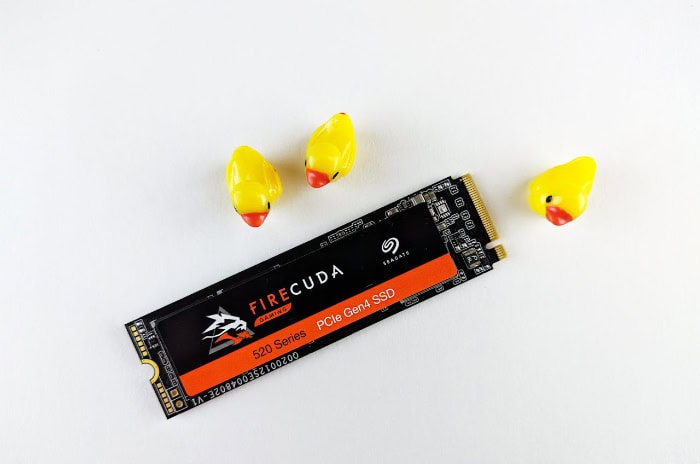 Seagate FireCuda NVMe PCIe SSD with yellow toys