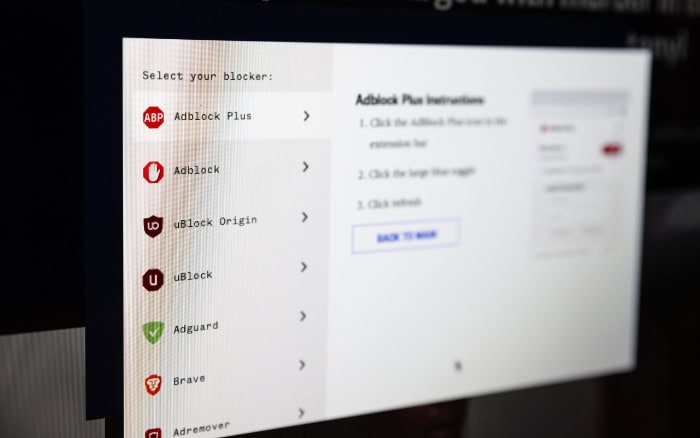 Selection menu for popular ad blocker