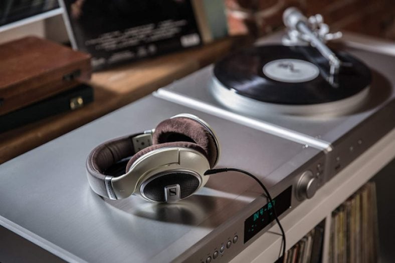 Ivory Sennheiser HD 599 on silver vinyl player