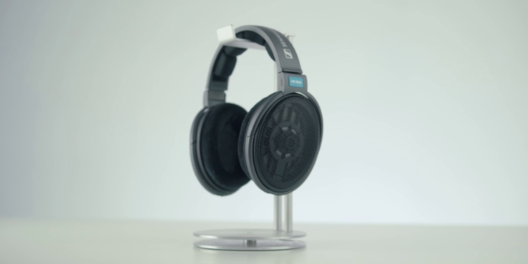 Black Sennheiser HD 600 on silver headphone stand