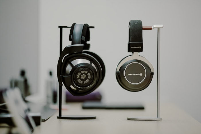 Sennheiser and Beyerdynamic audiophile headphones on stands