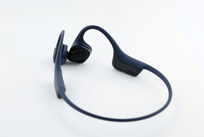 Side view of blue bone conduction headphones