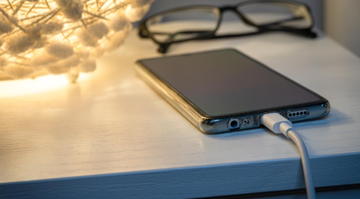 Smartphone charging on wooden desk