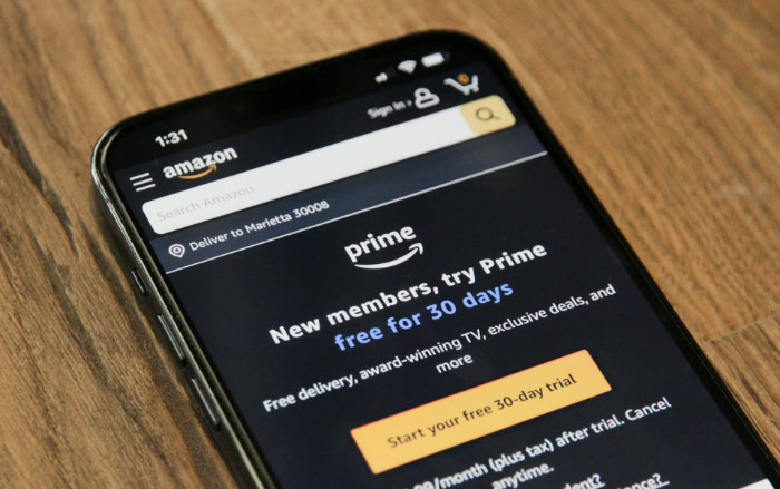 Smartphone displaying Amazon Prime free 30 day trial page