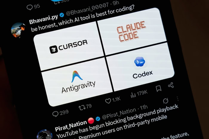 Smartphone screen displaying tweet about AI coding tools