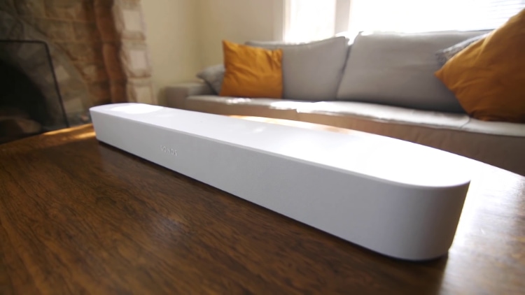 White Sonos Beam on wooden table