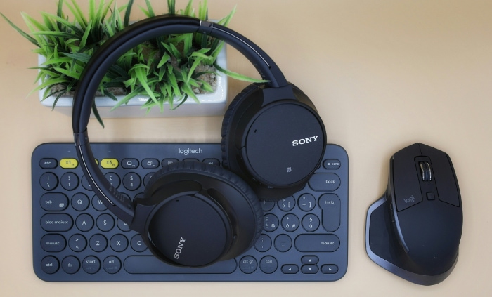Sony headphones on a Logitech keyboard with a plant and a wireless mouse