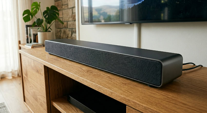 Soundbar on a wooden cabinet under a TV