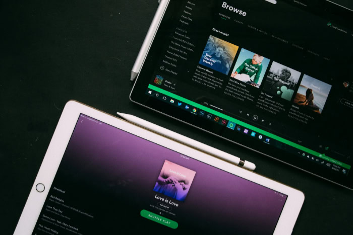 Spotify application open on tablet screens