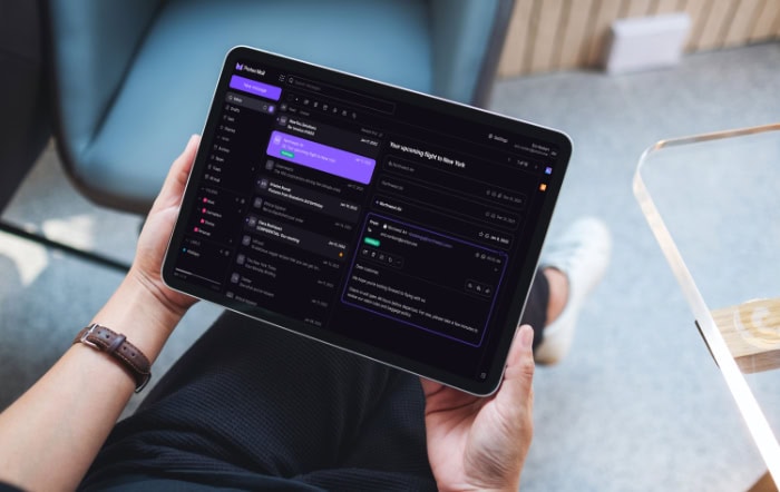 Tablet displaying dark themed proton mail client interface