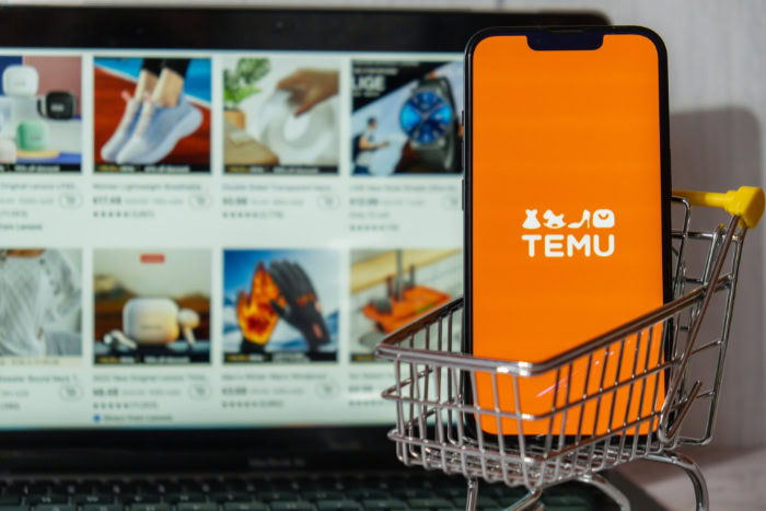 Temu app on phone in shopping cart