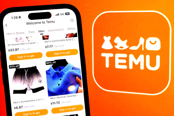 Temu mobile app showing discounted products and logo