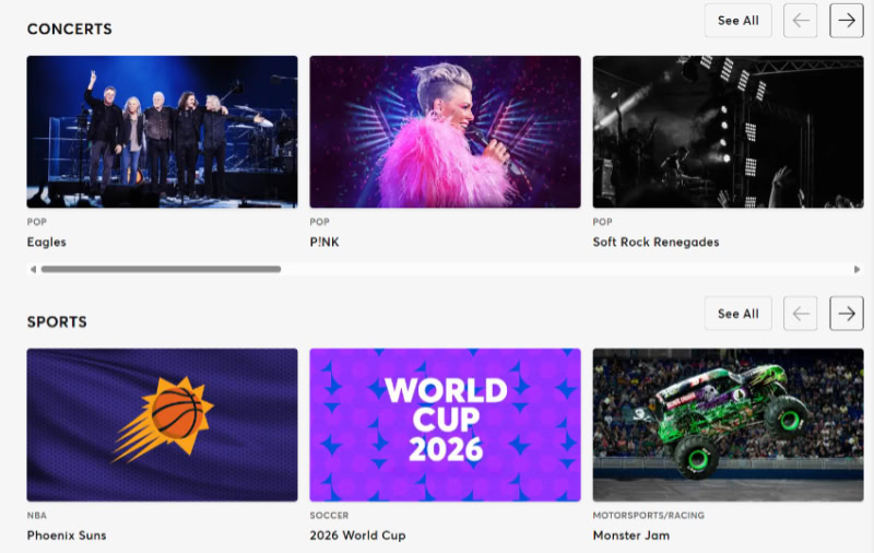 Ticketmaster event listings for concerts and sports games