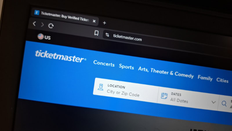 Ticketmaster homepage for event search on laptop screen