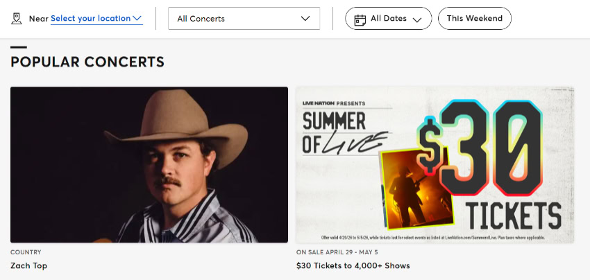 Ticketmaster popular concerts featuring country singer Zach Top