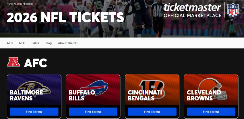 Ticketmaster website for 2026 AFC NFL team tickets