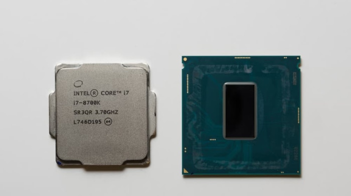 Top view of delid CPU on white background