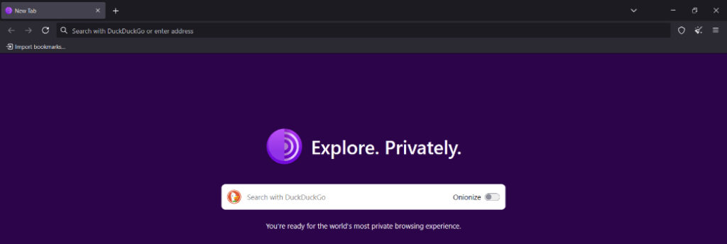 Tor Browser homepage with DuckDuckGo search bar