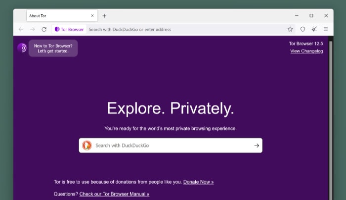 Tor Browser interface showing DuckDuckGo search bar
