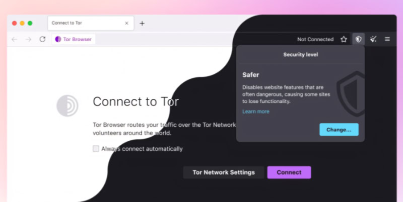 Tor Browser interface with connection and security settings