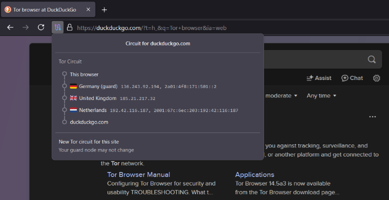 Tor Browser showing circuit path through multiple countries