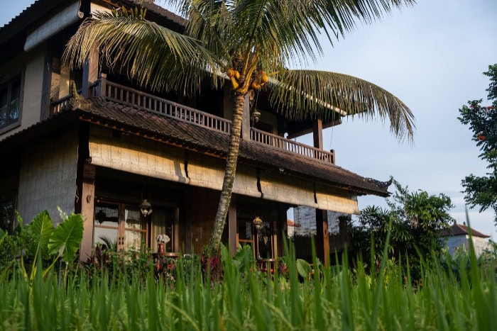 Traditional Balinese house surrounded by greenery and palm tree