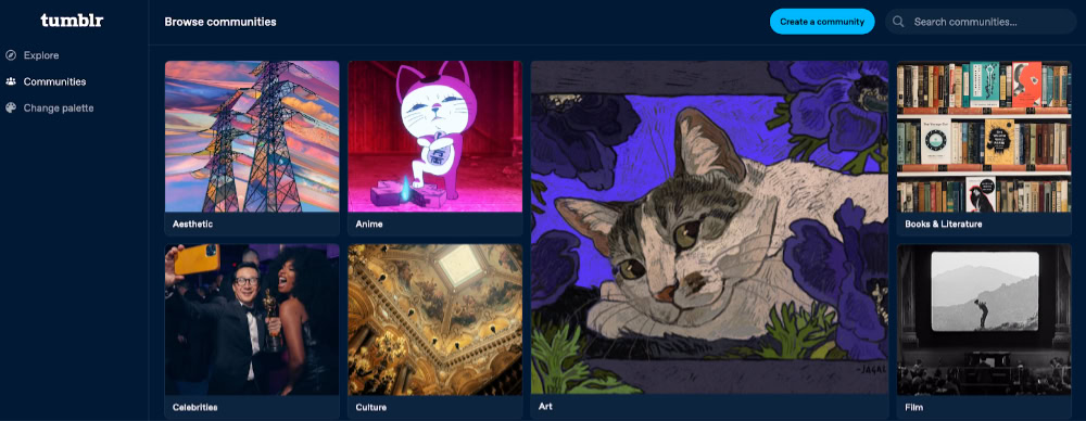 Tumblr browse communities page displaying art and anime categories