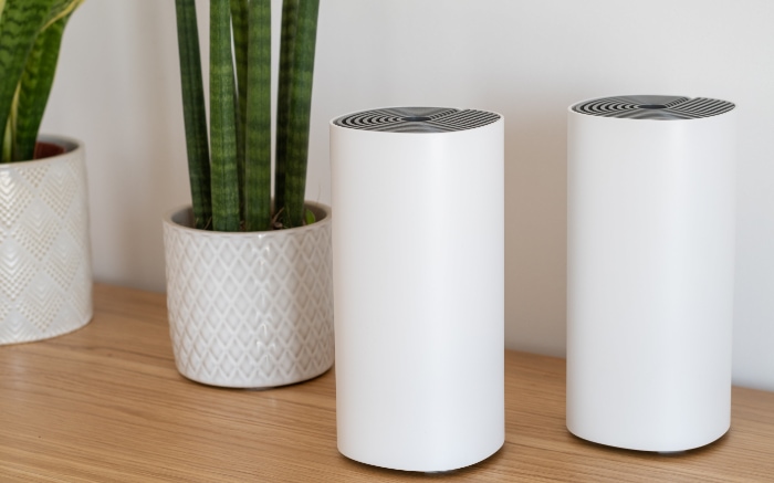 Two cylindrical mesh WiFi on a wooden table next to indoor plants