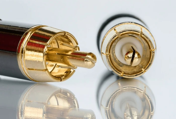 Two gold plated male RCA audio cable connectors