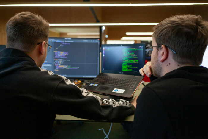 Two software developers collaborating on code at laptops