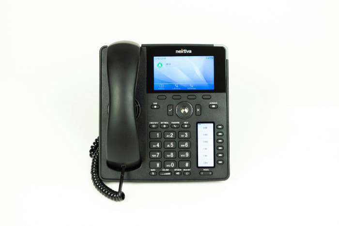 VoIP phone with display and keypad on white background