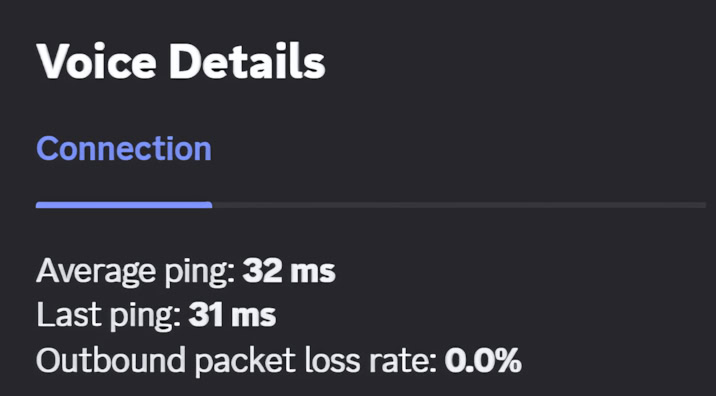 Voice connection details showing ping and packet loss stats