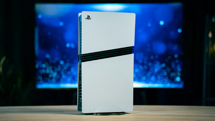 White PlayStation 5 Slim console standing vertically