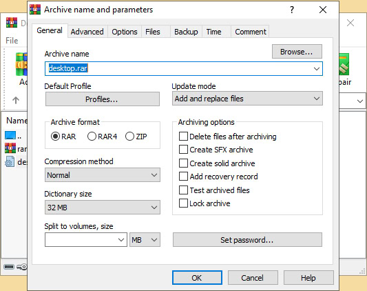 WinRAR archive name and parameters configuration settings