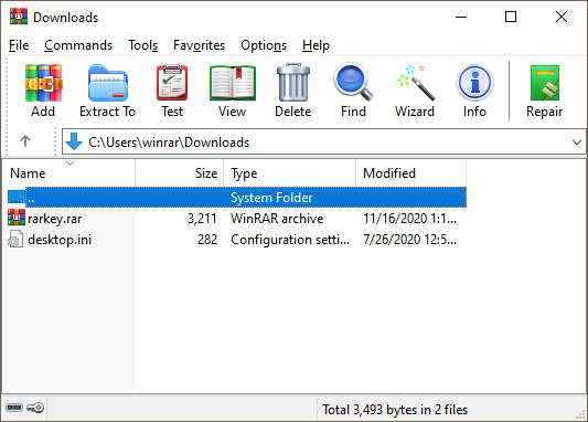 WinRAR software interface displaying files in Downloads folder