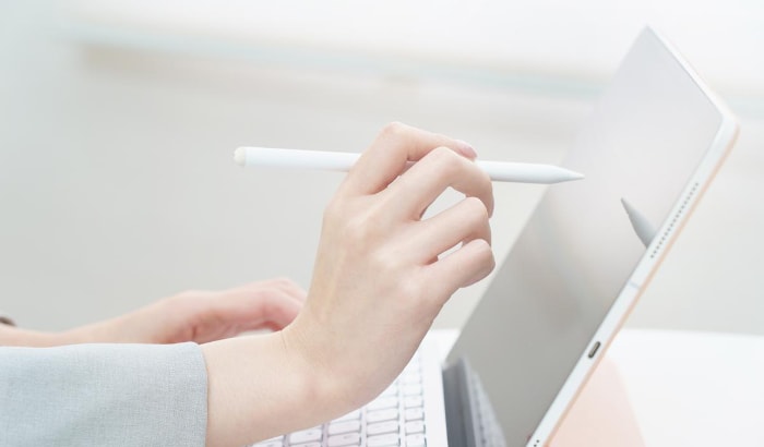 Woman using stylus on laptop screen