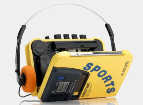 Yellow Sony Sports Walkman with headphones