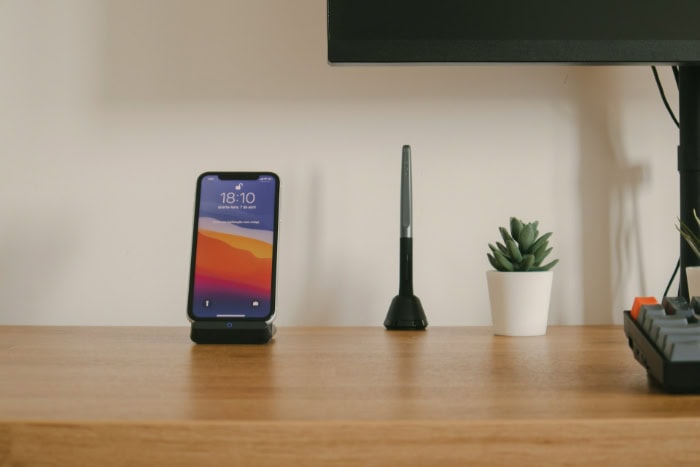 iPhone on wireless charging stand with succulent plant nearby